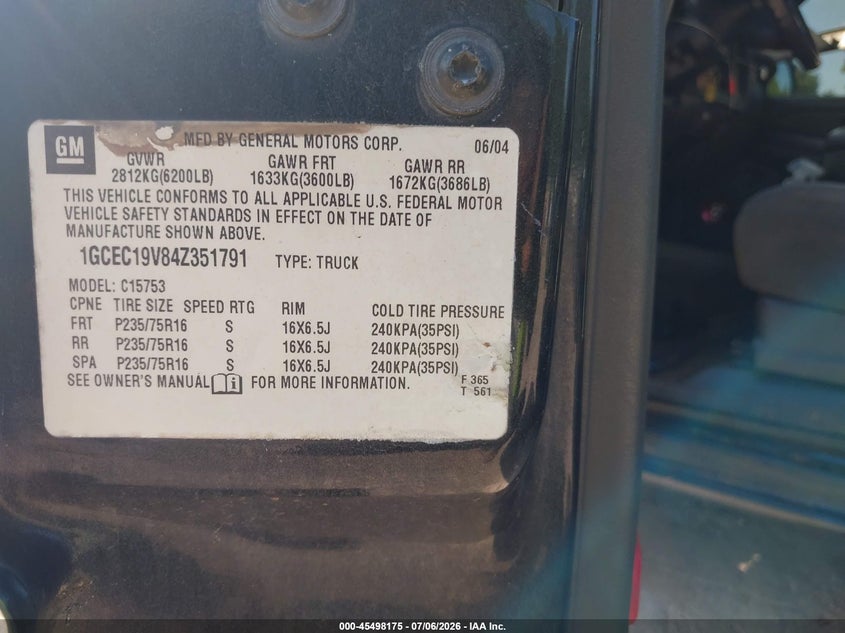 2004 Chevrolet Silverado 1500 VIN 1GCEC19V84Z351791 IAAI salvage auction — NORMAL WEAR, Original (Texas), sold $575 on 2026-07-09 (photo 9)