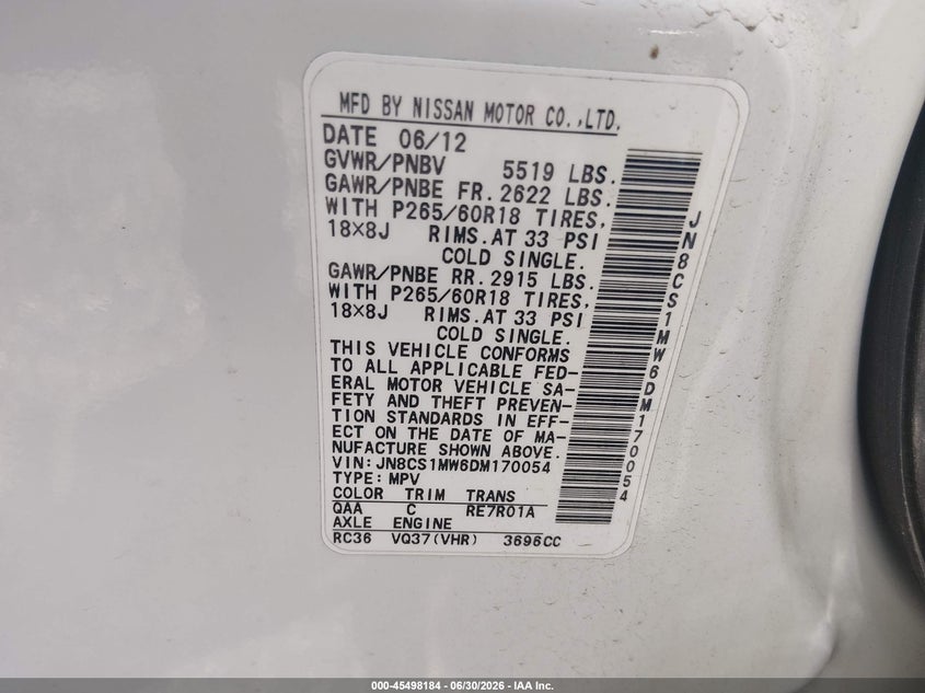 2013 Infiniti Fx37 VIN JN8CS1MW6DM170054 IAAI salvage auction — NORMAL WEAR, Original (Ohio), sold $500 on 2026-07-29 (photo 9)