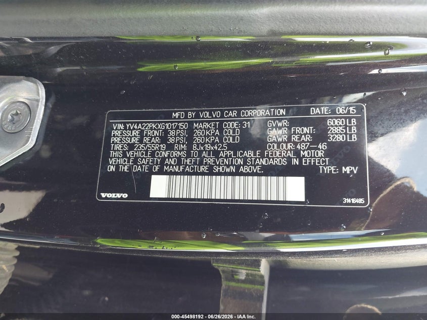 2016 Volvo Xc90 VIN YV4A22PKXG1017150 IAAI salvage auction — NORMAL WEAR, Original (Texas), sold $2,250 on 2026-07-28 (photo 9)