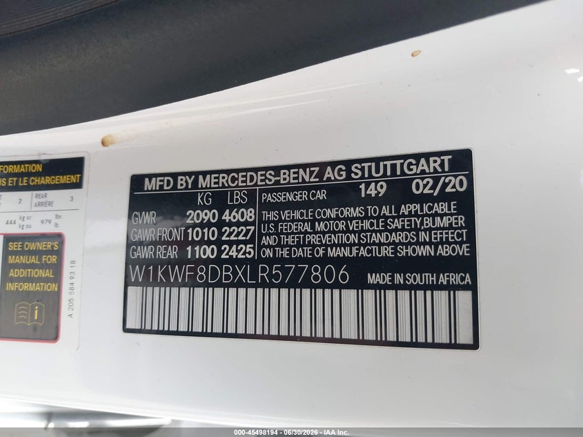2020 Mercedes-benz C-klasse VIN W1KWF8DBXLR577806 IAAI salvage auction — FRONT END, Salvage (California), sold $7,600 on 2026-07-22 (photo 9)