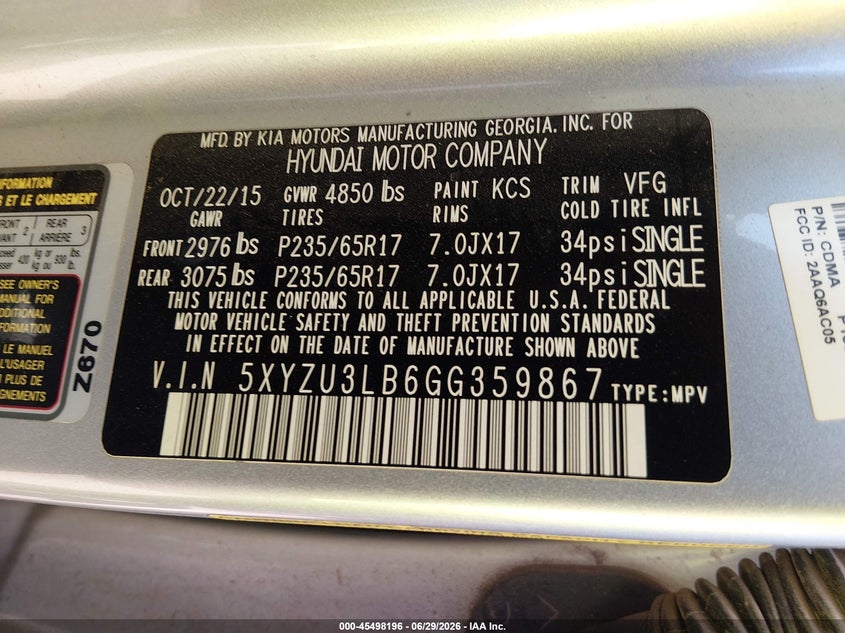 2016 Hyundai Santa fe VIN 5XYZU3LB6GG359867 IAAI salvage auction — LEFT FRONT, Salvage (Arizona), sold $2,250 on 2026-07-28 (photo 9)
