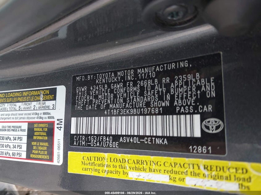 2011 Toyota Camry VIN 4T1BF3EK9BU197681 IAAI salvage auction — LEFT FRONT, Salvage (Louisiana), sold $1,025 on 2026-07-17 (photo 9)