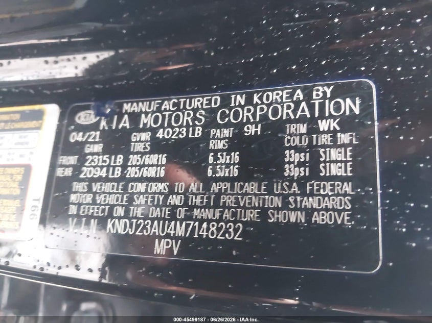 2021 Kia Soul VIN KNDJ23AU4M7148232 IAAI salvage auction — FRONT & REAR, Salvage (Indiana), sold $1,600 on 2026-08-01 (photo 8)
