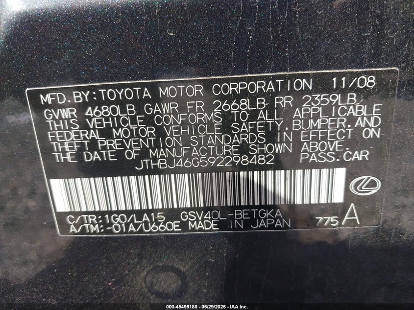 2009 Lexus Es 350 VIN JTHBJ46G592298482 IAAI salvage auction — RIGHT FRONT, Salvage (Tennessee), sold $625 on 2026-07-16 (photo 9)