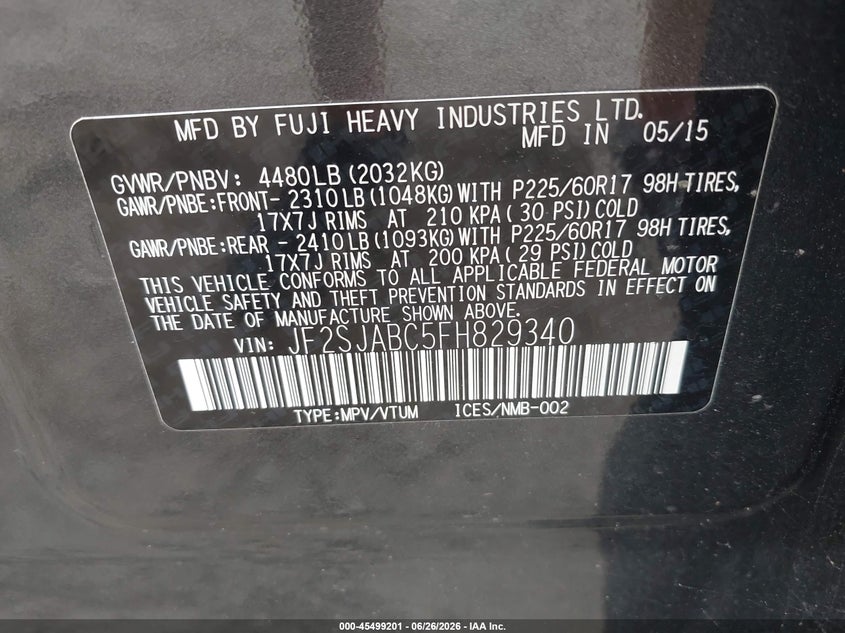 2015 Subaru Forester VIN JF2SJABC5FH829340 IAAI salvage auction — SIDE, Salvage (North Carolina), sold $3,400 on 2026-07-17 (photo 9)