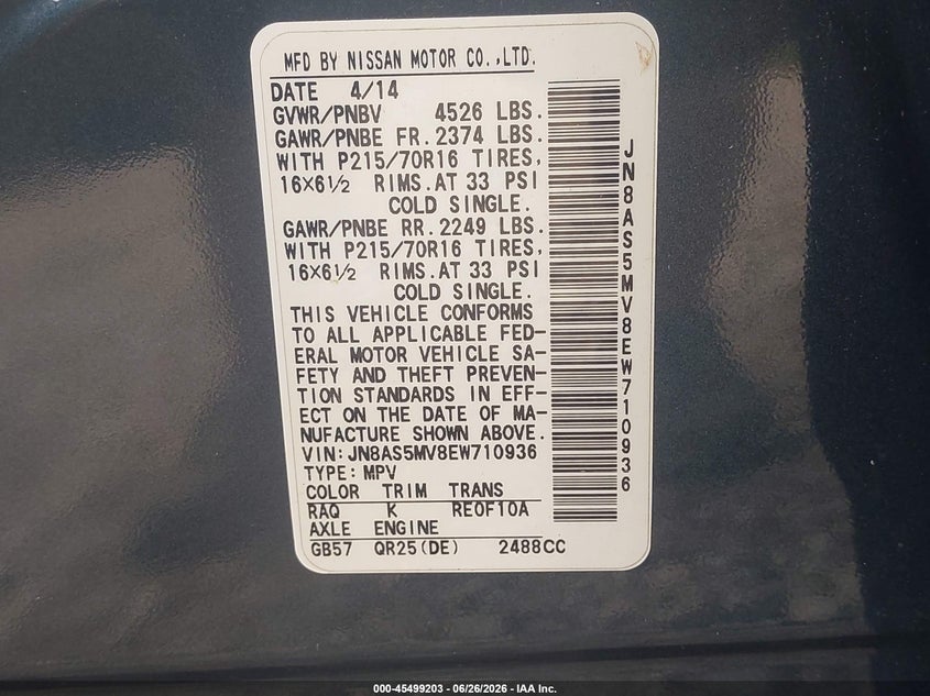 2014 Nissan Rogue VIN JN8AS5MV8EW710936 IAAI salvage auction — NORMAL WEAR, Clear (Maryland), sold $375 on 2026-07-30 (photo 9)