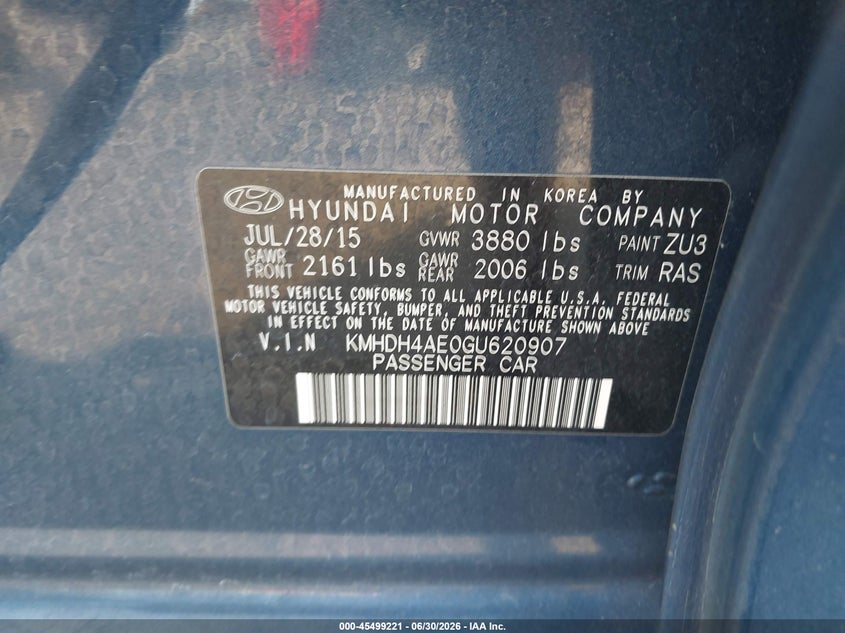 2016 Hyundai Elantra VIN KMHDH4AE0GU620907 IAAI salvage auction — REAR END, Rebuildable (Florida), sold $675 on 2026-07-21 (photo 9)