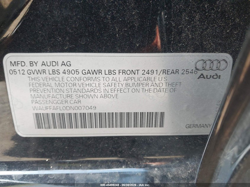 2013 Audi A4 VIN WAUFFAFL0DN007049 IAAI salvage auction — FRONT END, Salvage Title, sold $1,975 on 2026-07-29 (photo 9)