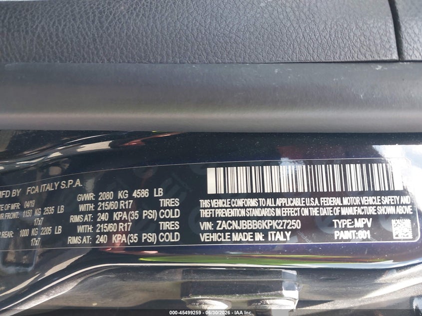 2019 Jeep Renegade VIN ZACNJBBB6KPK27250 IAAI salvage auction — FRONT END, Salvage (Ohio), sold $800 on 2026-07-09 (photo 9)
