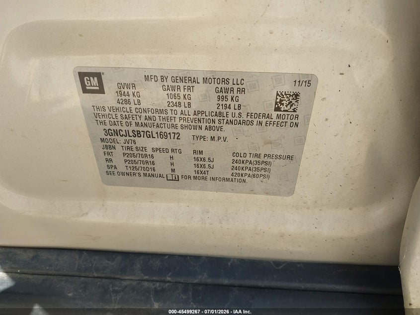2016 Chevrolet Trax VIN 3GNCJLSB7GL169172 IAAI salvage auction — LEFT SIDE, Salvage (Michigan), sold $1,075 on 2026-08-03 (photo 9)