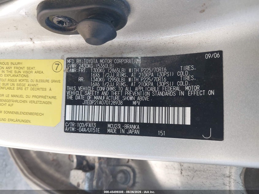 2007 Toyota Highlander VIN JTEDP21A070128938 IAAI salvage auction — NORMAL WEAR, Clear - Dealer Only (California), sold $675 on 2026-07-15 (photo 9)