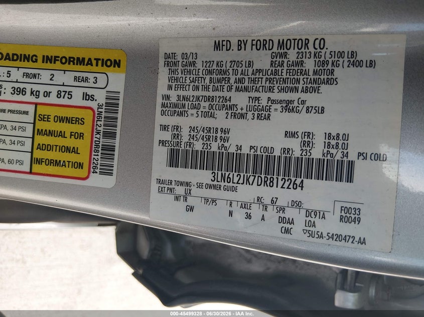 2013 Lincoln Mkz VIN 3LN6L2JK7DR812264 IAAI salvage auction — NORMAL WEAR, Original (Texas), sold $300 on 2026-07-10 (photo 9)