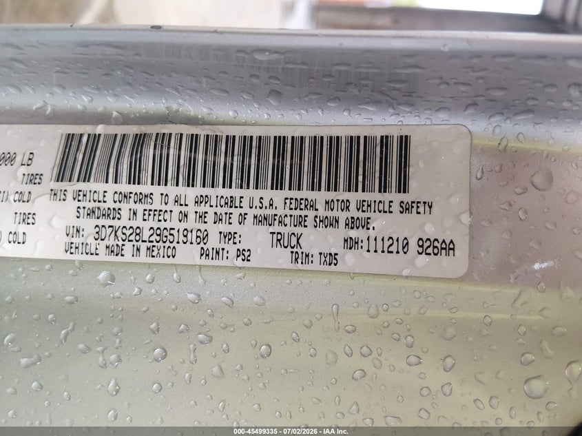 2009 Dodge Ram VIN 3D7KS28L29G519160 IAAI salvage auction — BIOHAZARD/CHEMICAL, Junk Bill Of Sale Mv2459 (Wisconsin), sold $1,000 on 2026-07-26 (photo 9)