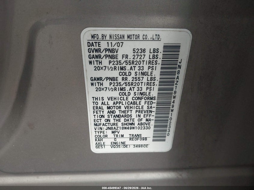 2009 Nissan Murano VIN JN8AZ18W49W102330 IAAI salvage auction — NORMAL WEAR, Clear (Virginia), sold $325 on 2026-07-15 (photo 9)