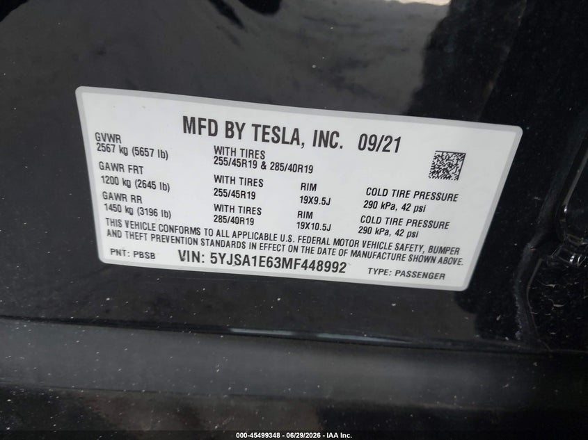 2021 Tesla Model s VIN 5YJSA1E63MF448992 IAAI salvage auction — ELECTRICAL, Clear (Florida), sold $25,650 on 2026-07-14 (photo 9)