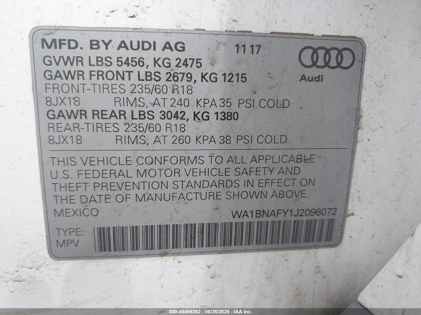 2018 Audi Q5 VIN WA1BNAFY1J2096072 IAAI salvage auction — NORMAL WEAR, Clear (New Jersey), sold $4,600 on 2026-07-29 (photo 9)