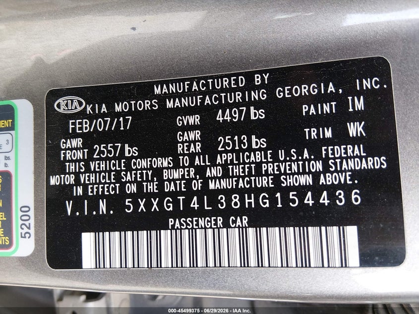 2017 Kia Optima VIN 5XXGT4L38HG154436 IAAI salvage auction — FRONT END, Salvage (Tennessee), sold $25 on 2026-07-30 (photo 9)