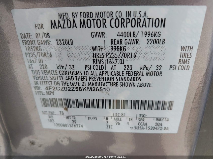 2008 Mazda Tribute VIN 4F2CZ02Z58KM26510 IAAI salvage auction — NORMAL WEAR, Original (Texas), sold $700 on 2026-07-22 (photo 9)