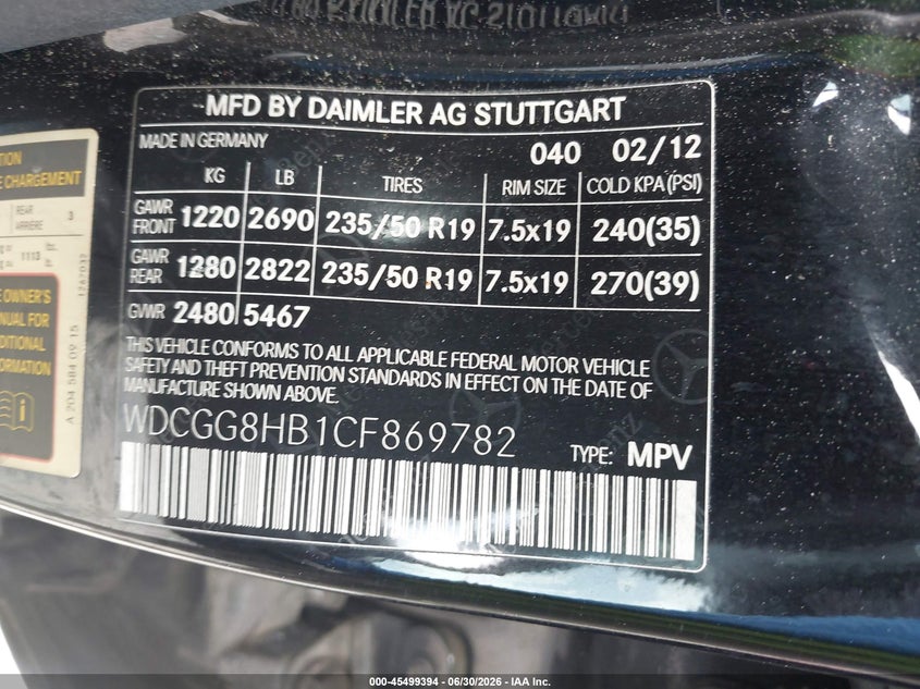 2012 Mercedes-benz Glk-klasse VIN WDCGG8HB1CF869782 IAAI salvage auction — FRONT END, Salvage (Georgia), sold $1,750 on 2026-08-19 (photo 9)