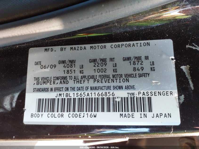 2010 Mazda 3 VIN JM1BL1S65A1166856 IAAI salvage auction — NORMAL WEAR, Clear (New Jersey), sold $925 on 2026-07-09 (photo 9)