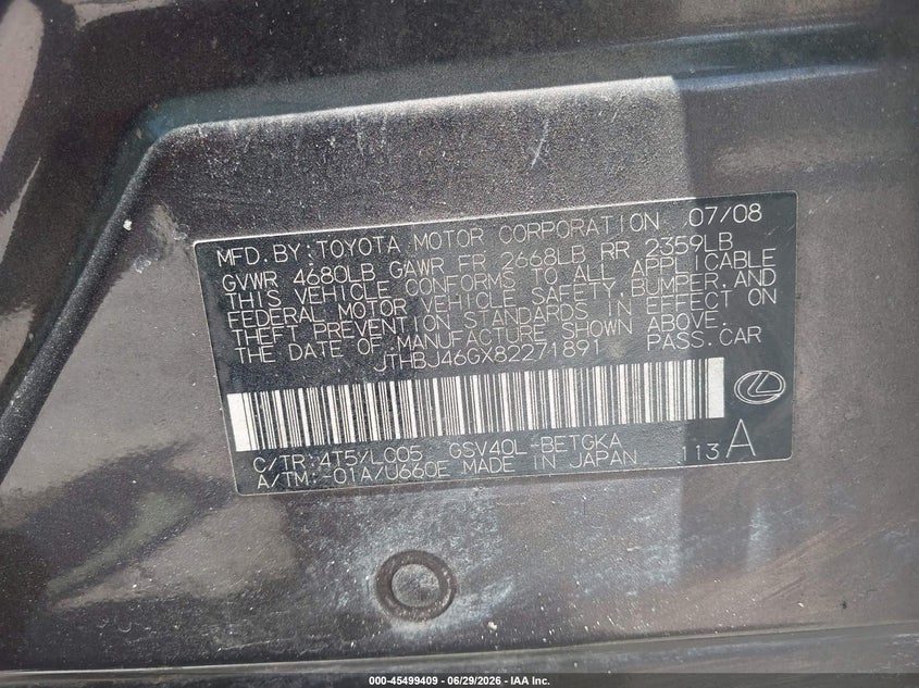 2008 Lexus Es 350 VIN JTHBJ46GX82271891 IAAI salvage auction — NORMAL WEAR, Clear (Florida), sold $950 on 2026-07-29 (photo 9)