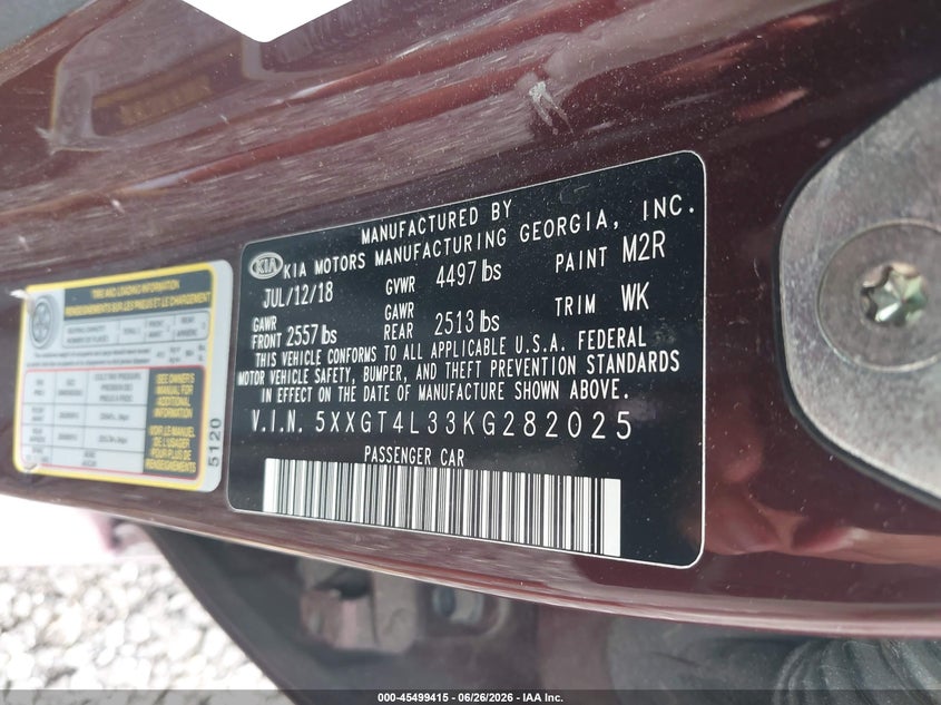 2019 Kia Optima VIN 5XXGT4L33KG282025 IAAI salvage auction — NORMAL WEAR, Clear (Montana), sold $700 on 2026-07-28 (photo 9)