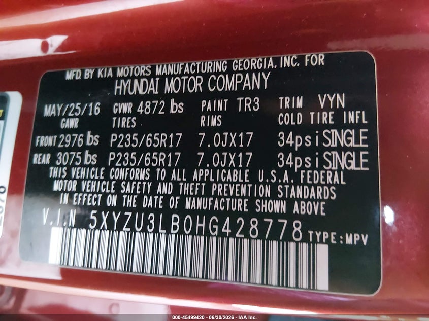 2017 Hyundai Santa fe VIN 5XYZU3LB0HG428778 IAAI salvage auction — NORMAL WEAR, Clear (Montana), sold $2,600 on 2026-07-20 (photo 9)
