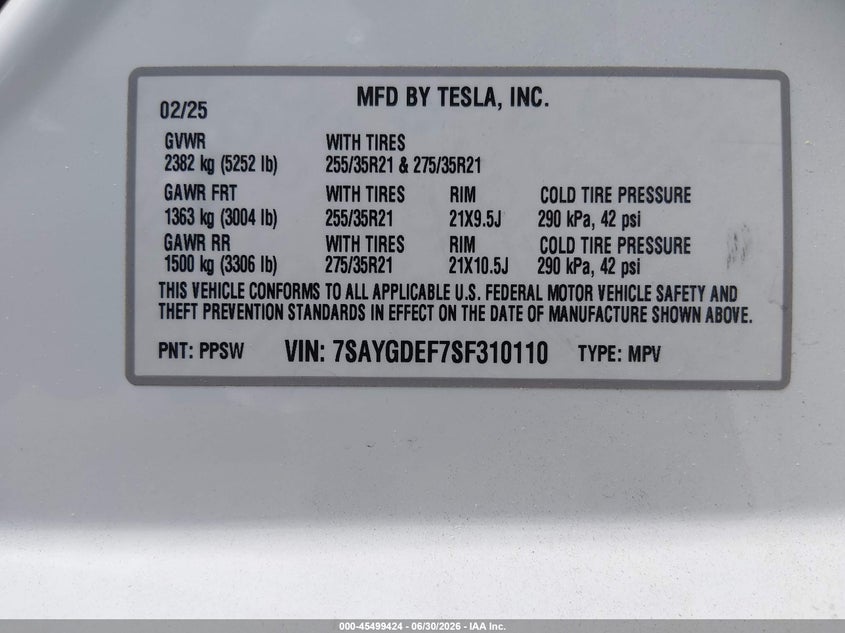 2025 Tesla Model y VIN 7SAYGDEF7SF310110 IAAI salvage auction — FRONT END, Salvage (Rhode Island), sold $12,600 on 2026-08-02 (photo 8)