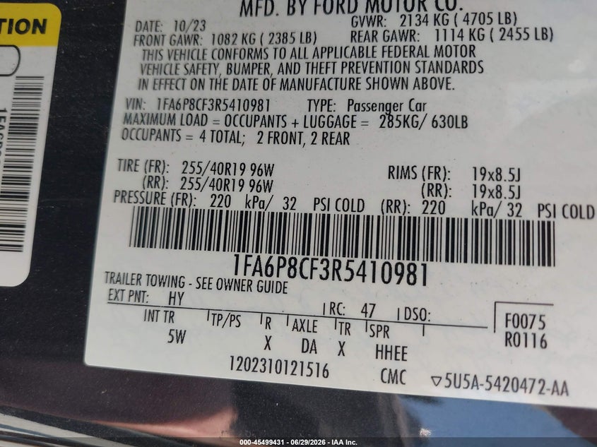 2024 Ford Mustang VIN 1FA6P8CF3R5410981 IAAI salvage auction — FRONT END, Salvage Title, sold $17,750 on 2026-08-21 (photo 9)