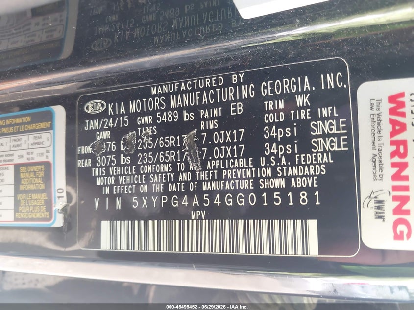 2016 Kia Sorento VIN 5XYPG4A54GG015181 IAAI salvage auction — NORMAL WEAR, Clear (Illinois), sold $1,700 on 2026-07-15 (photo 9)