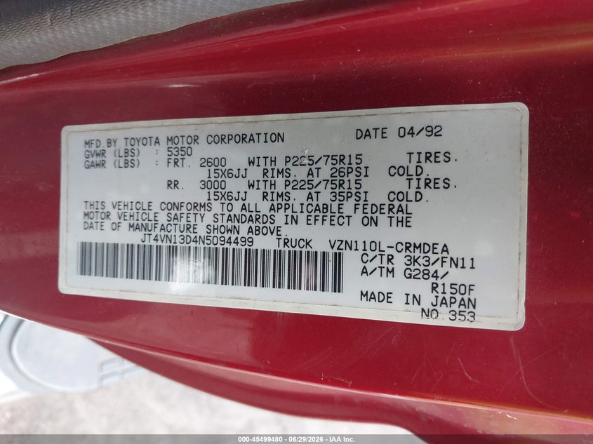 1992 Toyota Pickup VIN JT4VN13D4N5094499 IAAI salvage auction — FRONT END, Salvage (North Carolina), sold $3,050 on 2026-07-16 (photo 9)