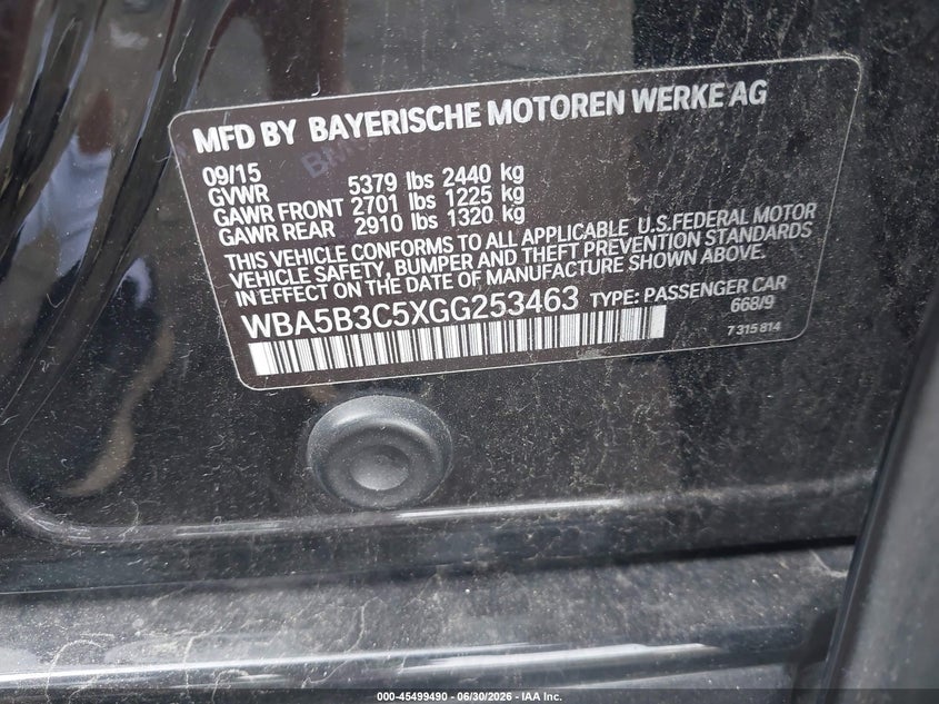 2016 BMW 5er VIN WBA5B3C5XGG253463 IAAI salvage auction — SUSPENSION, Salvage Title, sold $3,450 on 2026-08-18 (photo 9)