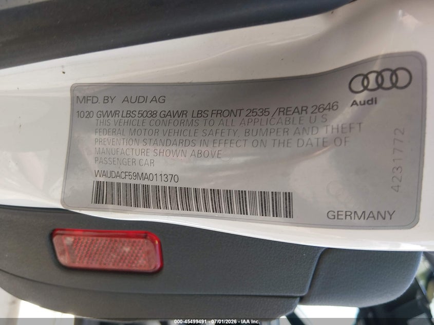 2021 Audi VIN WAUDACF59MA011370 IAAI salvage auction — LEFT SIDE, Salvage (Ohio), sold $4,850 on 2026-07-22 (photo 9)