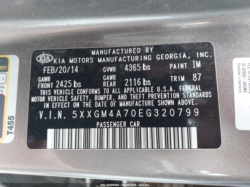 2014 Kia Optima VIN 5XXGM4A70EG320799 IAAI salvage auction — RIGHT FRONT, Clear (Tennessee), sold $1,400 on 2026-07-26 (photo 9)