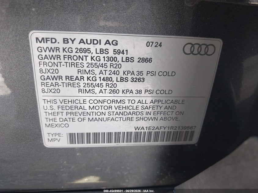 2024 Audi Q5 VIN WA1E2AFY1R2139567 IAAI salvage auction — FRONT END, Salvage Title, sold $15,525 on 2026-07-23 (photo 9)