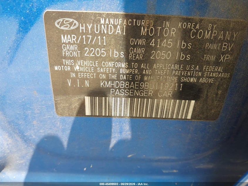 2011 Hyundai Elantra VIN KMHDB8AE9BU119211 IAAI salvage auction — NORMAL WEAR, Clear (North Carolina), sold $375 on 2026-07-27 (photo 9)