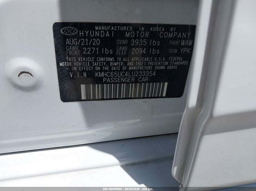 2020 Hyundai Ioniq hybrid VIN KMHC65LC4LU233354 IAAI salvage auction — NORMAL WEAR, Sf97 (Texas), sold $8,175 on 2026-08-04 (photo 9)