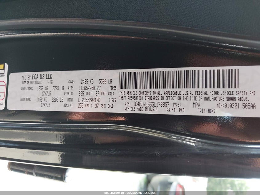 2016 Jeep Wrangler / VIN 1C4BJWEG6GL178857 IAAI salvage auction — NORMAL WEAR, Clear (Mississippi), sold $2,825 on 2026-07-09 (photo 9)