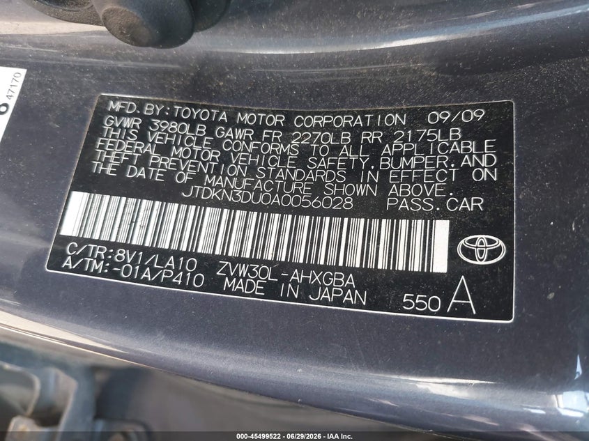 2010 Toyota Prius VIN JTDKN3DU0A0056028 IAAI salvage auction — NORMAL WEAR, Clear (New York), sold $700 on 2026-07-07 (photo 9)