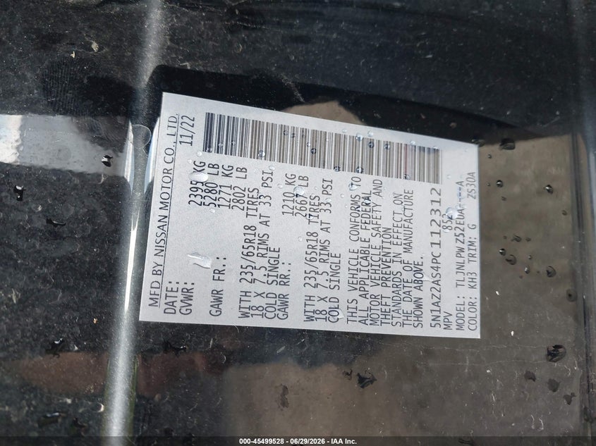 2023 Nissan Murano VIN 5N1AZ2AS4PC112312 IAAI salvage auction — WATER/FLOOD, Salvage (Indiana), sold $7,650 on 2026-08-18 (photo 9)