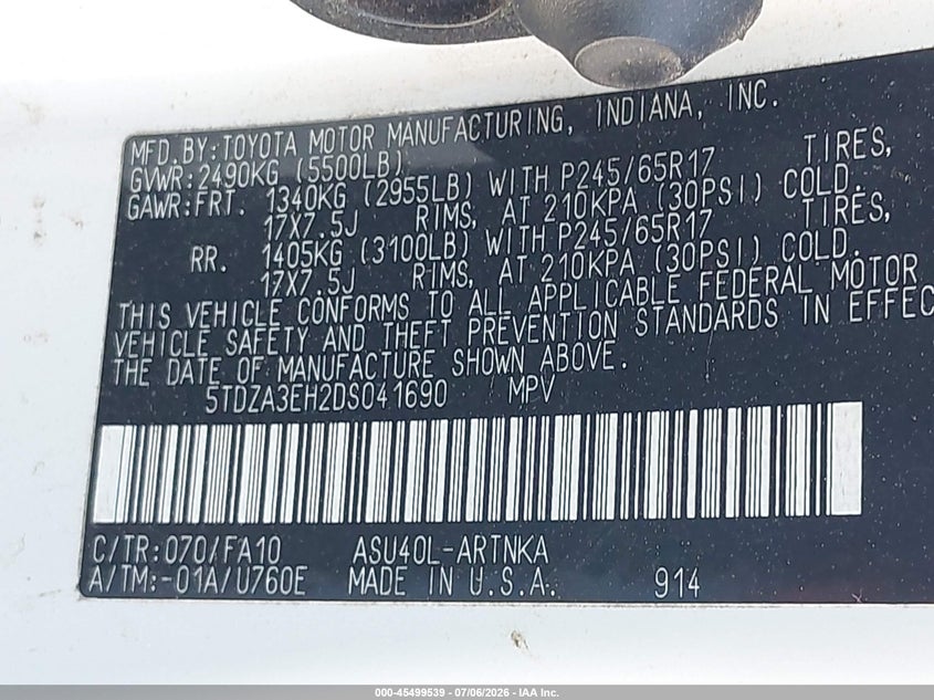 2013 Toyota Highlander VIN 5TDZA3EH2DS041690 IAAI salvage auction — REAR END, Salvage (Texas), sold $4,550 on 2026-07-17 (photo 9)