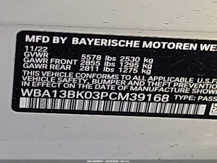 2023 BMW 5er VIN WBA13BK03PCM39168 IAAI salvage auction — FRONT END, Mv-907A (New York), sold $25,650 on 2026-07-13 (photo 9)