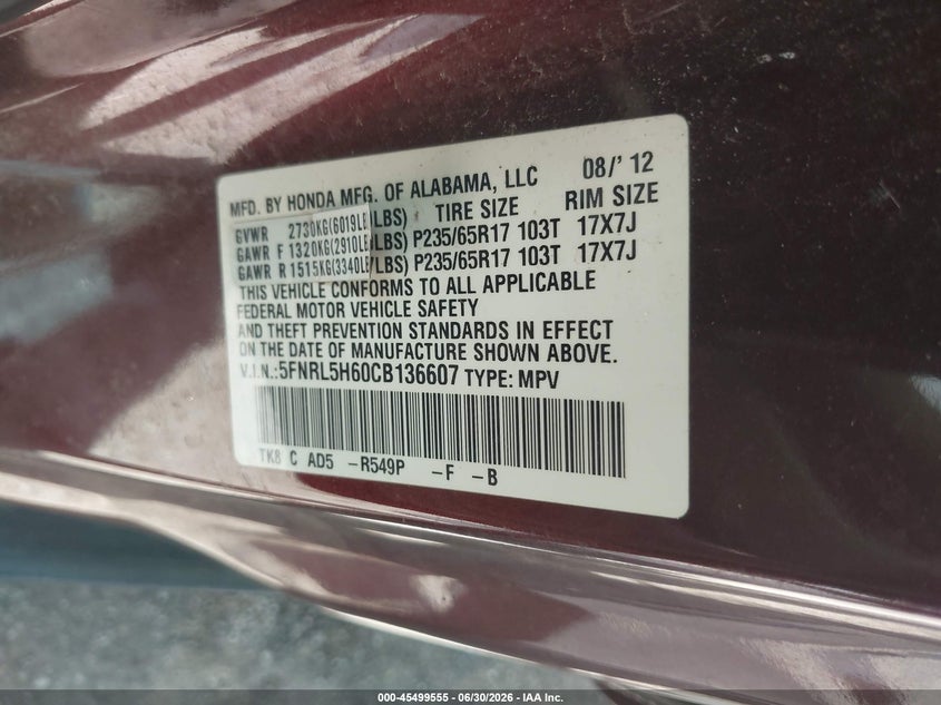 2012 Honda Odyssey VIN 5FNRL5H60CB136607 IAAI salvage auction — LEFT REAR, Salvage Title, sold $625 on 2026-07-19 (photo 9)