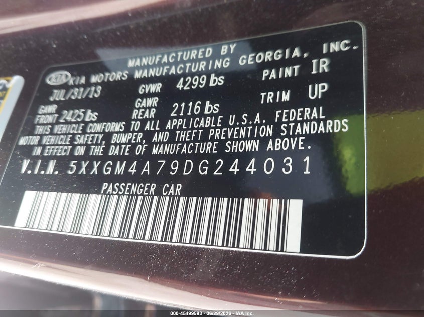 2013 Kia Optima VIN 5XXGM4A79DG244031 IAAI salvage auction — NORMAL WEAR, Original (Ohio), sold $400 on 2026-07-20 (photo 9)