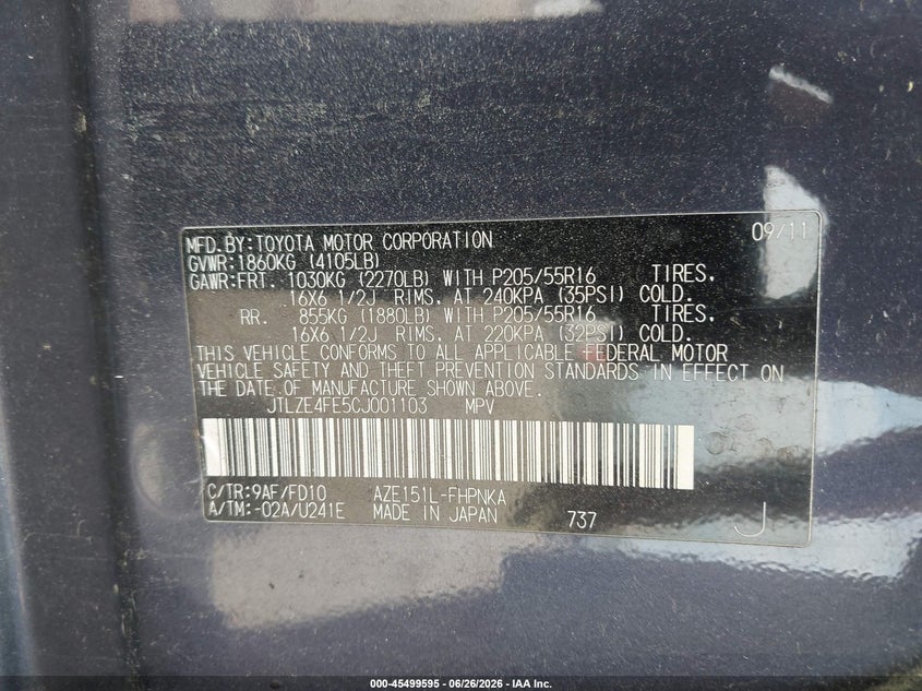 2012 Scion Xb VIN JTLZE4FE5CJ001103 IAAI salvage auction — NORMAL WEAR, Clear (Virginia), sold $475 on 2026-07-31 (photo 9)