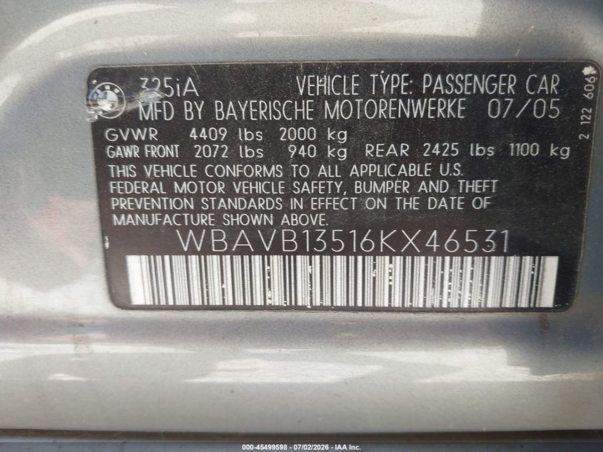 2006 BMW 3 series VIN WBAVB13516KX46531 IAAI salvage auction — FRONT END, Clear (Virginia), sold $400 on 2026-07-28 (photo 9)