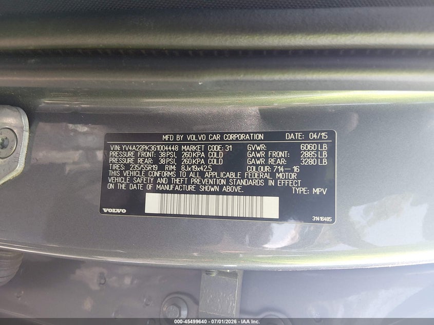 2016 Volvo Xc90 VIN YV4A22PK3G1004448 IAAI salvage auction — FRONT END, Salvage Title, sold $1,675 on 2026-08-05 (photo 9)