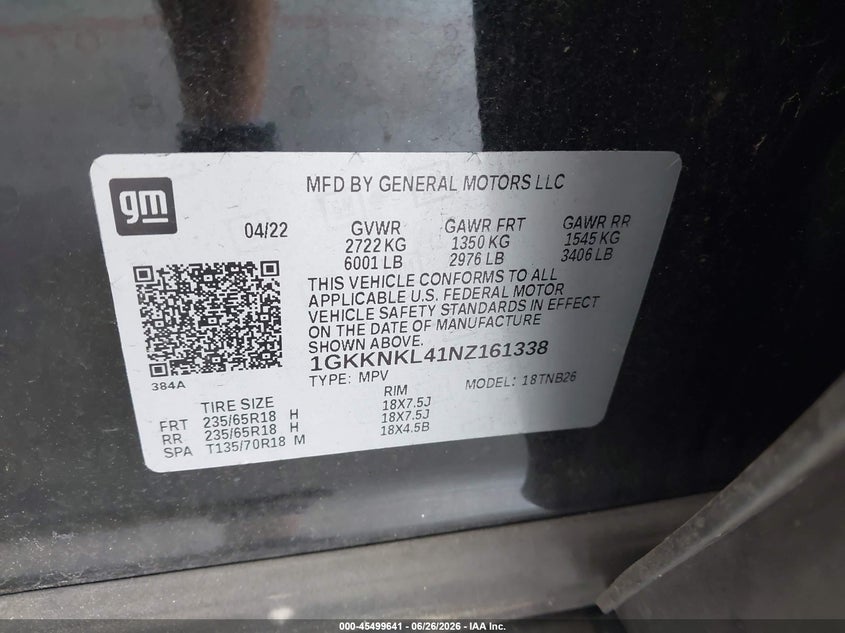 2022 Gmc Acadia VIN 1GKKNKL41NZ161338 IAAI salvage auction — RIGHT FRONT, Wait Title, sold $7,150 on 2026-08-19 (photo 9)