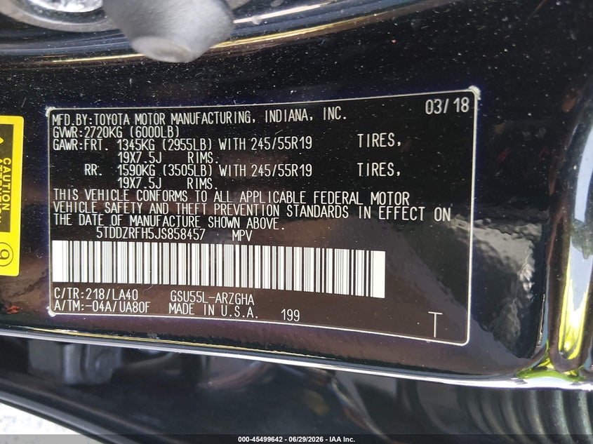 2018 Toyota Highlander VIN 5TDDZRFH5JS858457 IAAI salvage auction — UNKNOWN, Salvage Title, sold $10,100 on 2026-07-30 (photo 9)