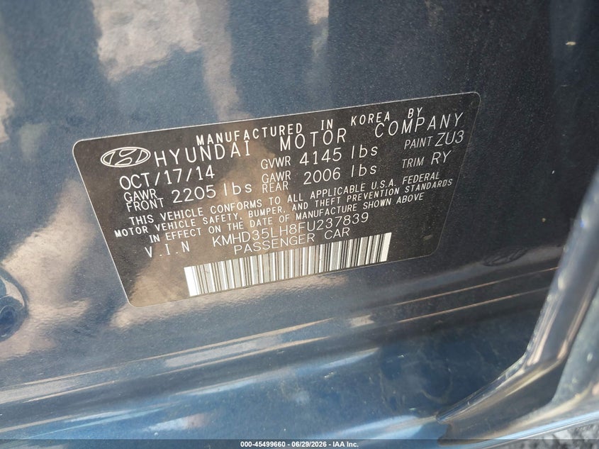 2015 Hyundai Elantra VIN KMHD35LH8FU237839 IAAI salvage auction — LEFT FRONT, Wait Title, sold $775 on 2026-08-02 (photo 9)